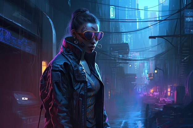 Una mujer en una calle oscura de la ciudad con una luz de neón y un letrero de neón que dice cyberpunk.