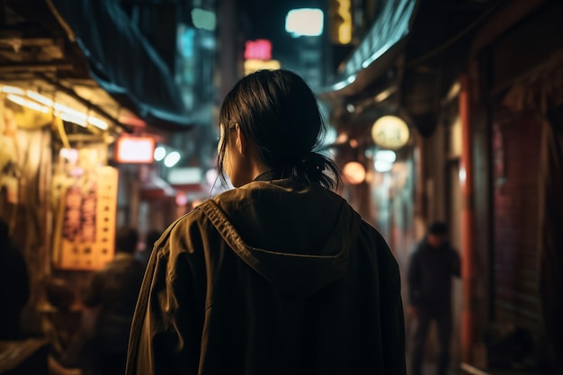 Una mujer se para en un callejón oscuro con un letrero que dice "no soy una niña"