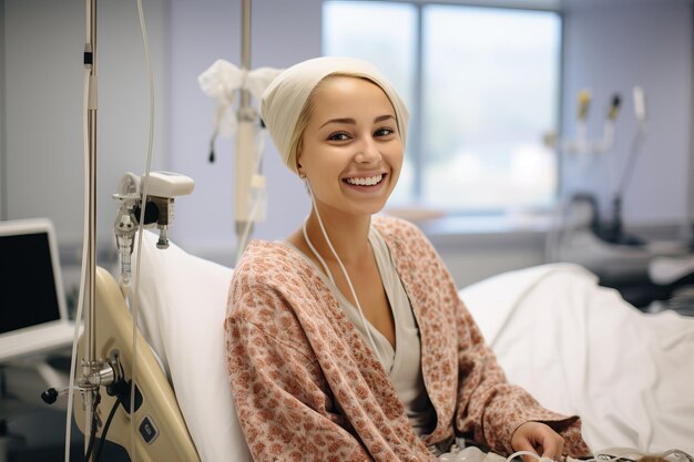 Foto mujer calva madura sonriendo en la cama del hospital de cáncer