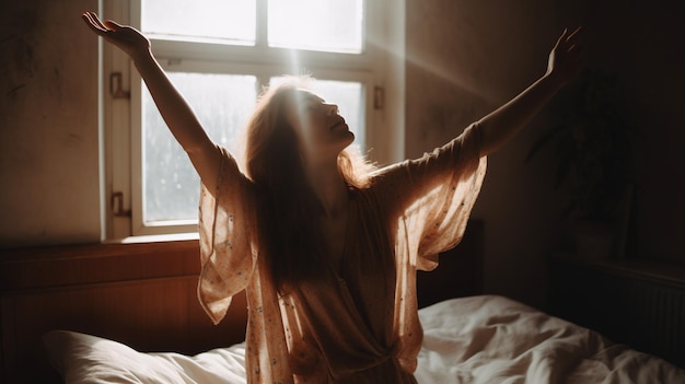 Una mujer en una cama con los brazos en alto y el sol brillando a través de sus ojos.