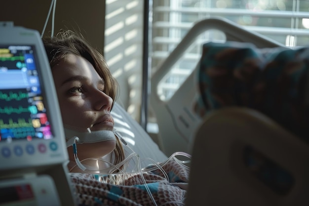 Foto una mujer en una cama de hospital con un monitor en la cabeza