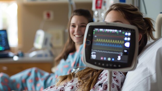 Foto la mujer en la cama del hospital sonriendo a la cámara