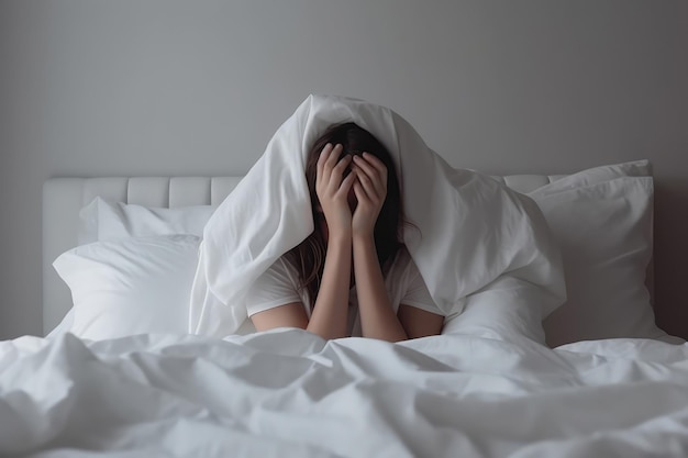 Mujer en la cama con sábanas blancas y almohadas y se cubre la cara con las manos IA generativa