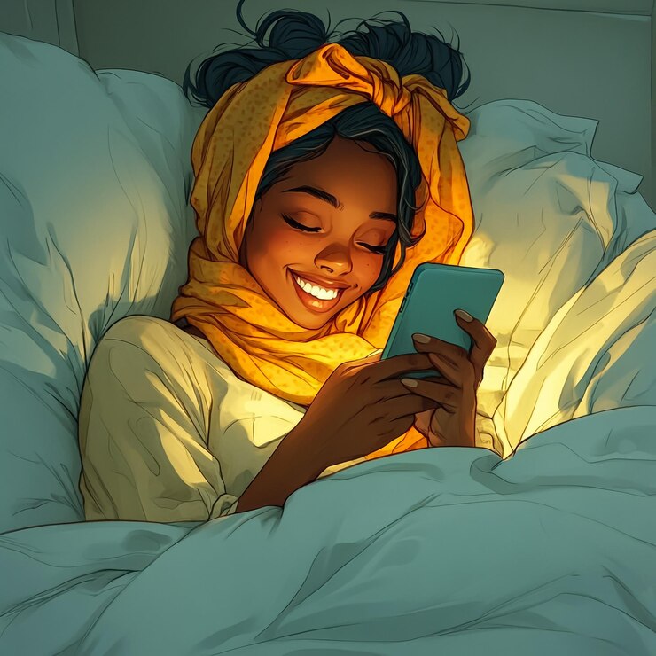 Una mujer en una cama con un teléfono en la mano.