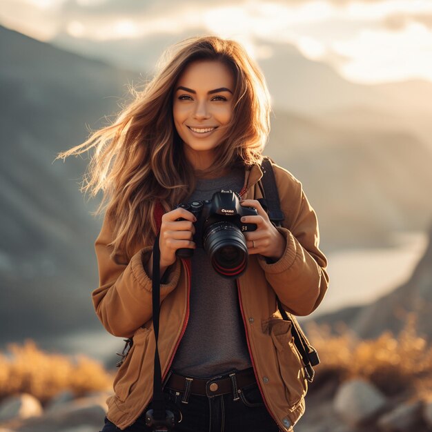 una mujer con una cámara está sosteniendo una cámara y sonriendo