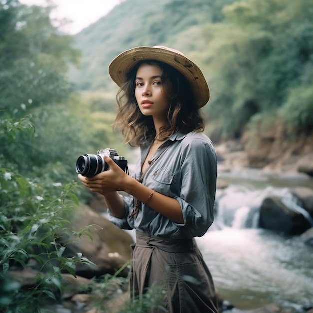 Una mujer con una cámara frente a un río.