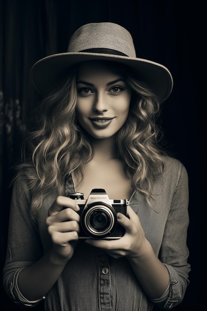 una mujer con una cámara y un sombrero con una cámara en sus manos