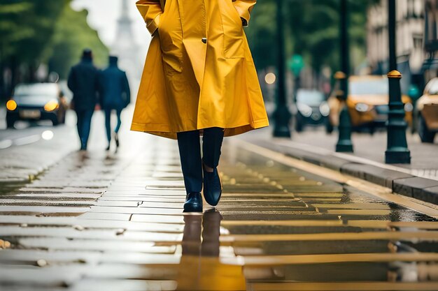 una mujer camina por una acera húmeda con un impermeable amarillo.