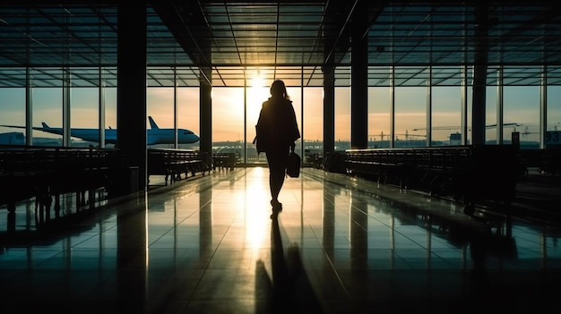 Una mujer camina en un aeropuerto con una maleta frente a una ventana con el sol poniéndose detrás de su aire generativo