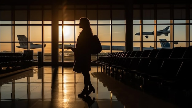 Una mujer camina en un aeropuerto con una maleta frente a una ventana con el sol poniéndose detrás de su aire generativo