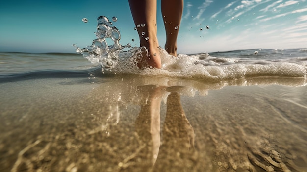 Una mujer camina en el agua con los pies en el agua.