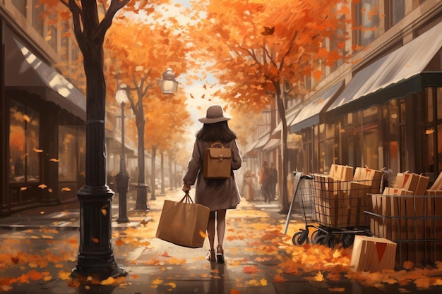 una mujer camina por una calle con una bolsa y bolsas de compras