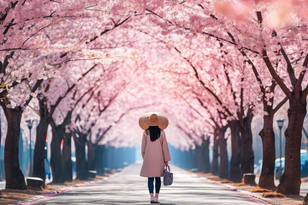 Una mujer camina por una calle bordeada de árboles disfrutando de un paseo tranquilo una mujer camina bajo los cerezos en flor AI generado