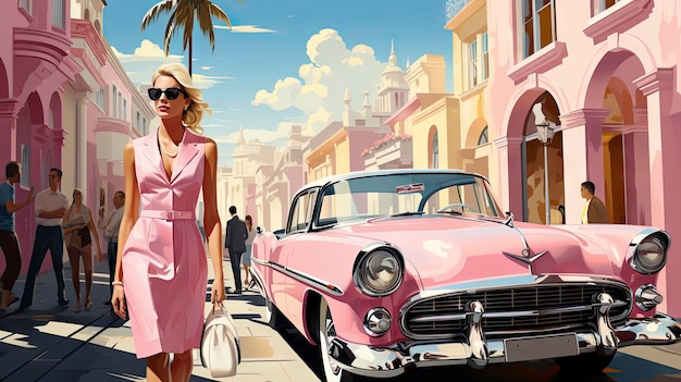 una mujer camina por una calle con un coche rosa y una palmera.