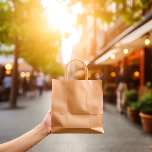 Foto mujer camina por la calle y lleva una bolsa de malla reutilizable después de comprar vida de la ciudad