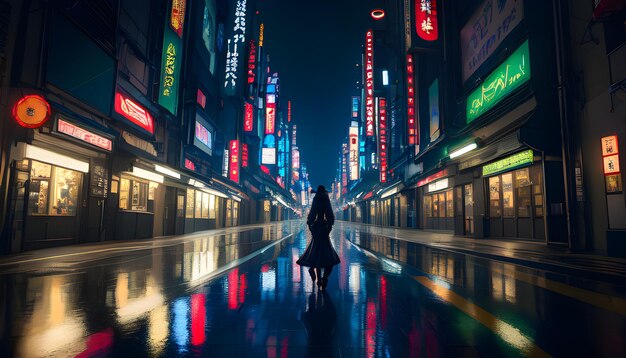 Una mujer camina por una calle mojada en una ciudad con un cartel de Tokio.