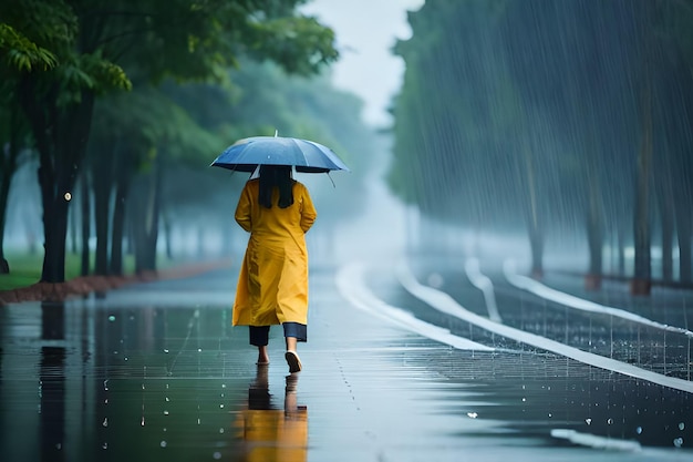 una mujer camina por la calle con un paraguas bajo la lluvia.