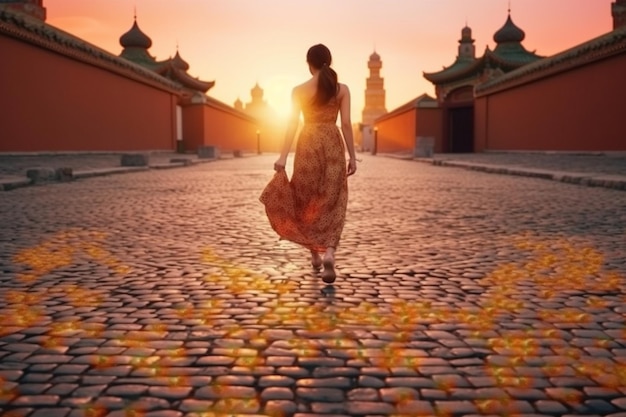 Foto una mujer camina por una calle pavimentada frente a un edificio con una puesta de sol en el fondo.