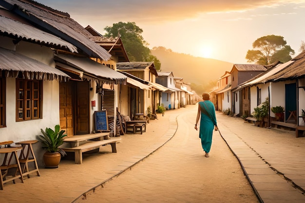 Una mujer camina por una calle de un pueblo al atardecer.