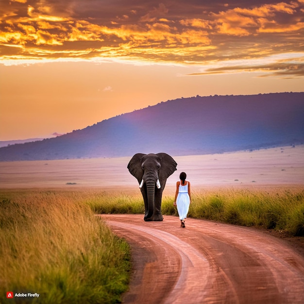 una mujer camina por un camino con un elefante y una mujer en un vestido blanco