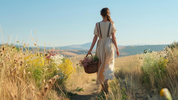 Una mujer camina por un camino de tierra de espaldas hacia la cámara como lleva una canasta llena de