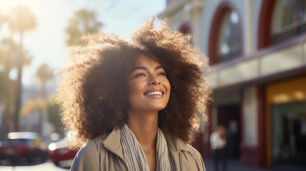 Foto una mujer camina con confianza por la calle después de un día de spa su piel brillante y su sonrisa radiante reflejan