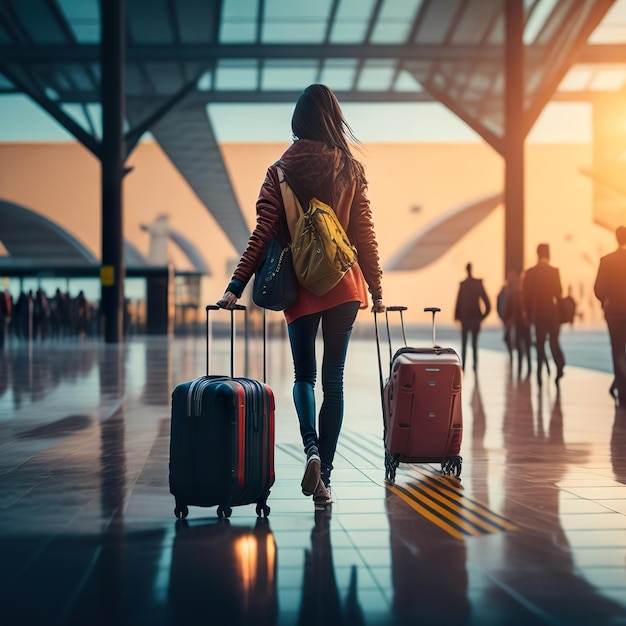 Una mujer camina con dos maletas en una terminal, con una línea amarilla de fondo.