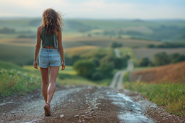 La mujer camina de espaldas en el camino rural.