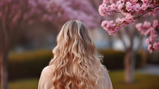 Una mujer camina frente a un cerezo en flor.