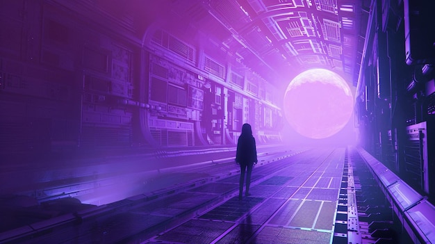 una mujer camina en una habitación oscura con luces púrpuras
