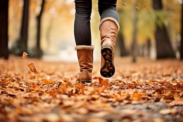 una mujer camina entre las hojas de otoño.