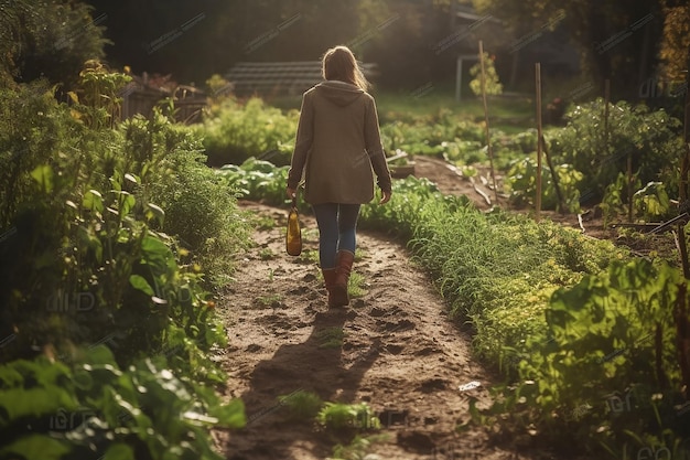 Una mujer camina por un jardín con una regadera al fondo.