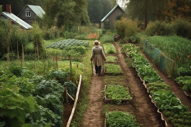 Una mujer camina por un jardín con verduras en el suelo.