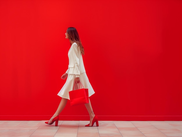 Foto una mujer camina más allá de una pared roja con una bolsa roja