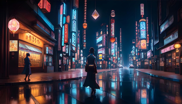 Una mujer camina de noche por una calle de una ciudad.