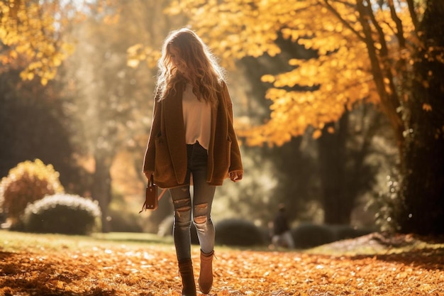 una mujer camina en un parque con hojas de otoño