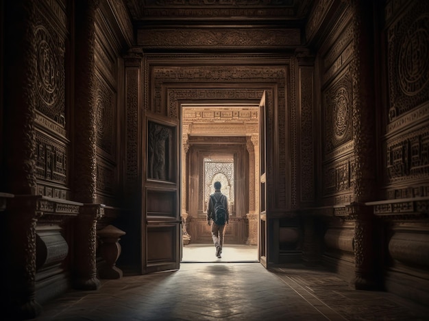 Una mujer camina por un pasillo oscuro con la imagen de un hombre caminando por él.