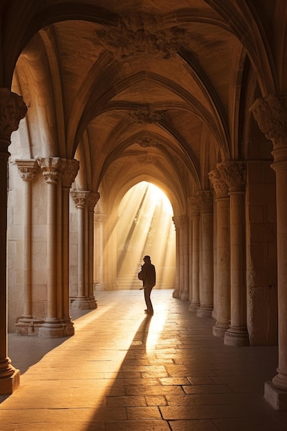 Una mujer camina por un pasillo con el sol brillando a través de los arcos.