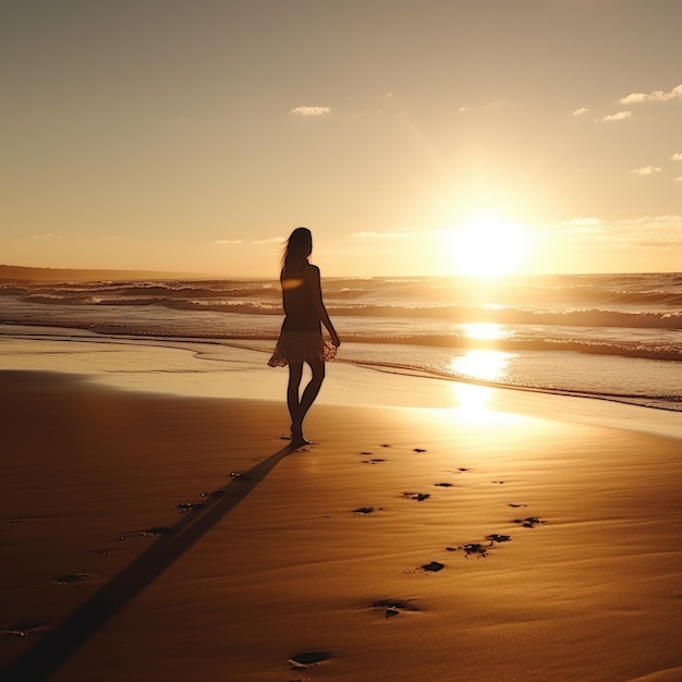 Una mujer camina por la playa al atardecer con el sol poniéndose detrás de ella.