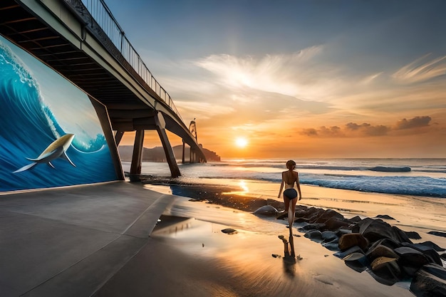 Una mujer camina por una playa al atardecer.