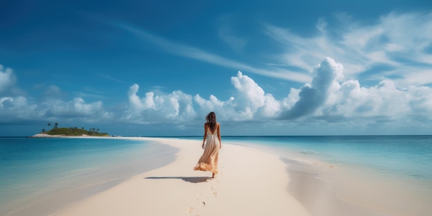 Una mujer camina por una playa en las bahamas.
