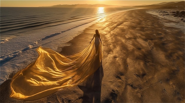 Una mujer camina por la playa con un largo vestido amarillo.