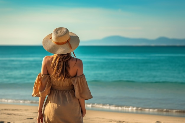 una mujer camina por la playa con un sombrero en la cabeza