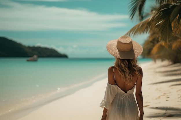 una mujer camina por la playa con un sombrero de paja