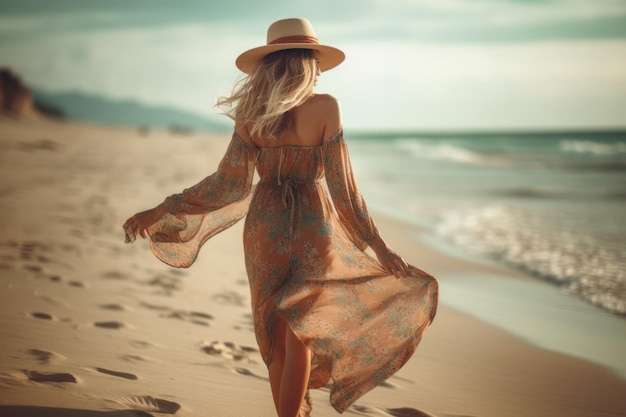 Una mujer camina por la playa con un sombrero para el sol y un sombrero para el sol.