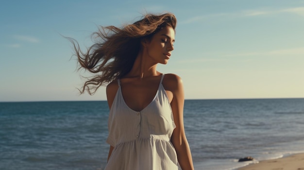 una mujer camina por la playa con un vestido blanco.