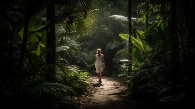 Una mujer camina por la selva