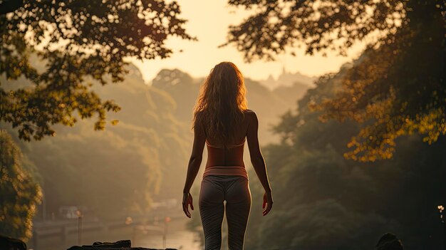 una mujer camina por un sendero frente a un árbol con una puesta de sol de fondo.