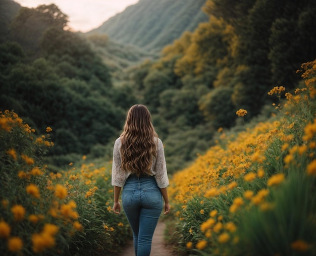 una mujer camina por un sendero con una montaña al fondo