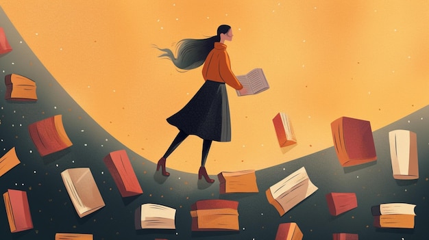 Una mujer camina a través de una pila de libros con las palabras 'libro del conocimiento' en la parte inferior.
